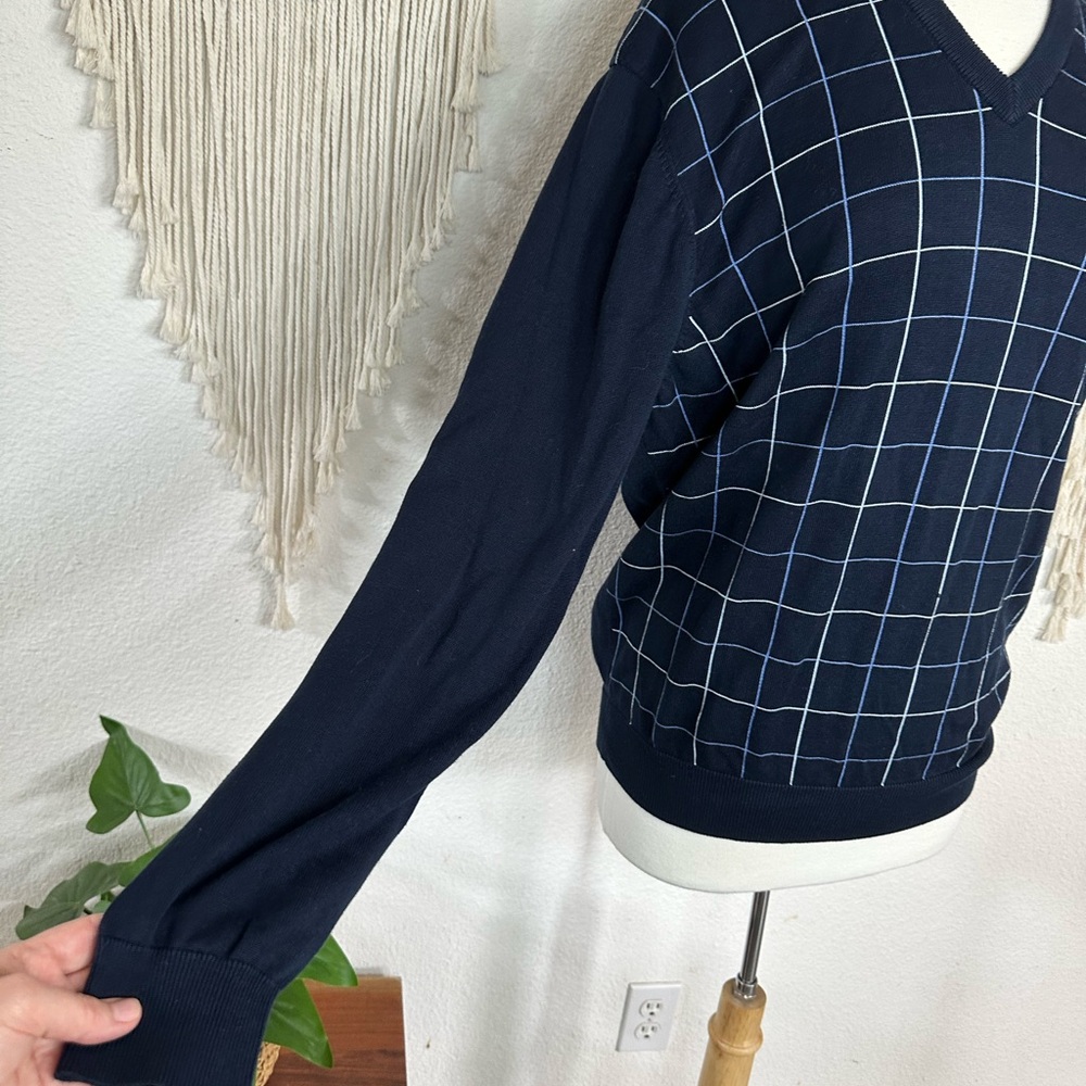 Brooks Brothers Men’s Blue V-Neck Sweater with Windowpane Pattern large - Picture 2 of 5